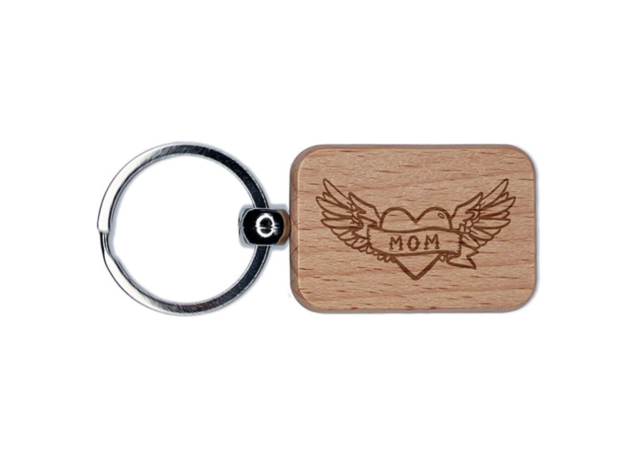 Mom Heart Tattoo with Wings Engraved Wood Rectangle Keychain Tag Charm